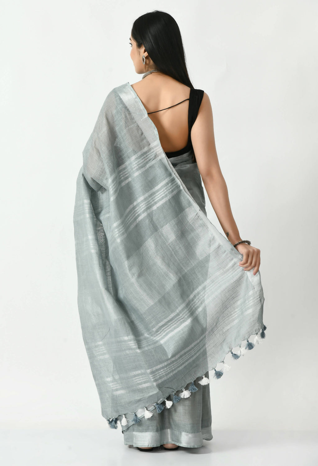 Mominos Fashion Moeza Gray Bhagalpuri Handloom Silk Linen Saree with unstitched Blouse piece