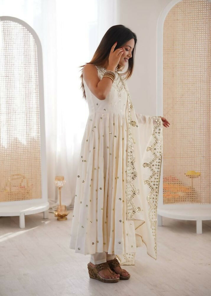 Teeya Creation White Color Roman Silk Embroidery Work Party Wear Gown