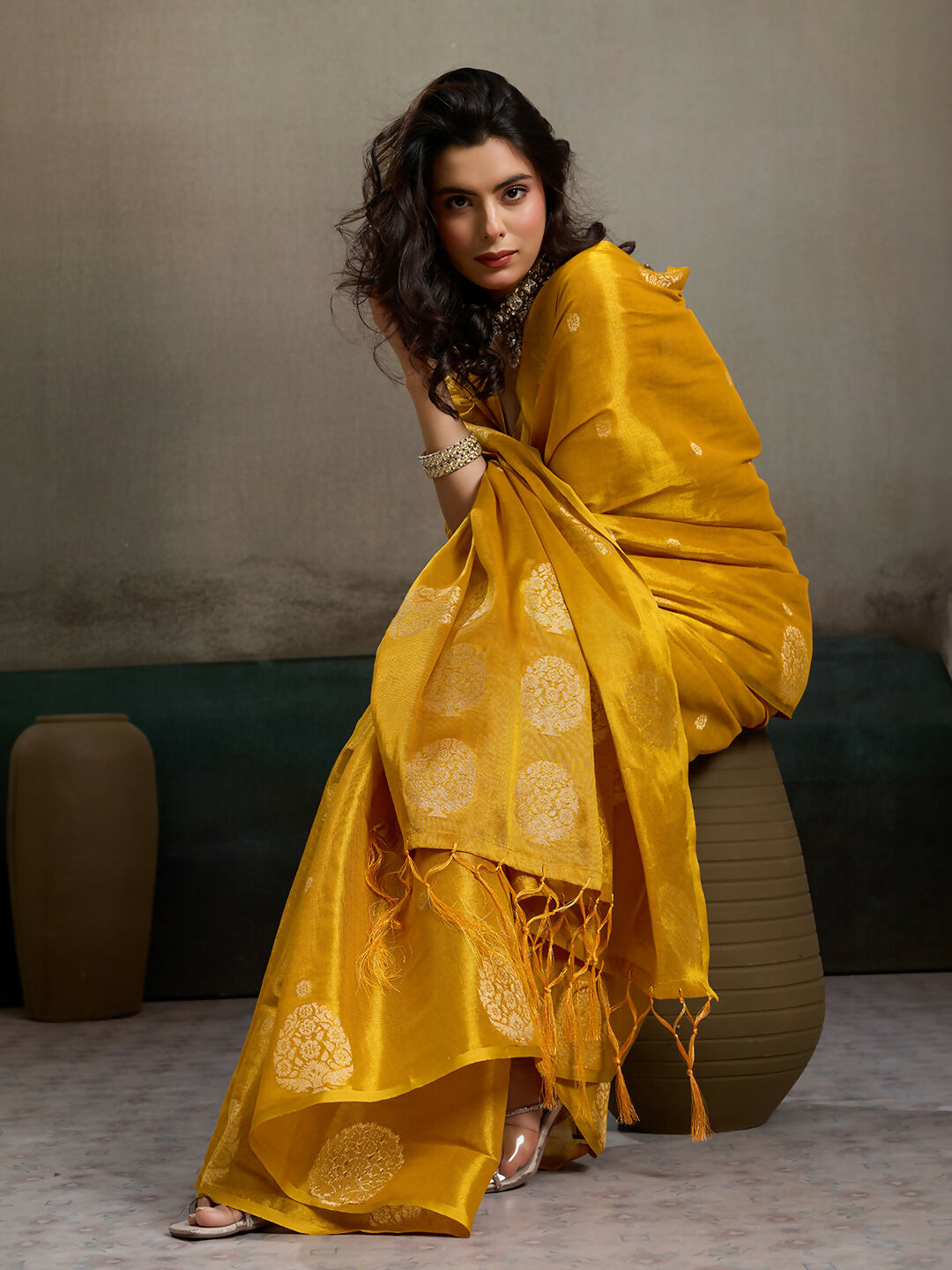 Shree Shyam Fashion Mustard Yellow Tissue Silk Saree