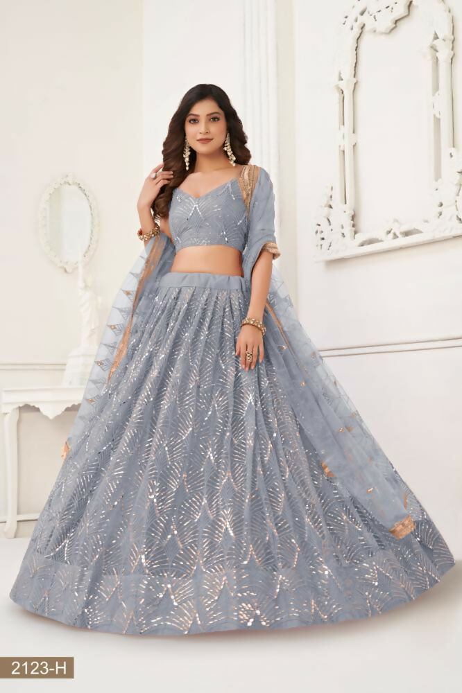 Aastha Fashion Light Gray Butterfly Net Tone To Tone Thread Work, Sequence Work And Original Mirror Work Embroidery Wedding Wear Lehenga Choli