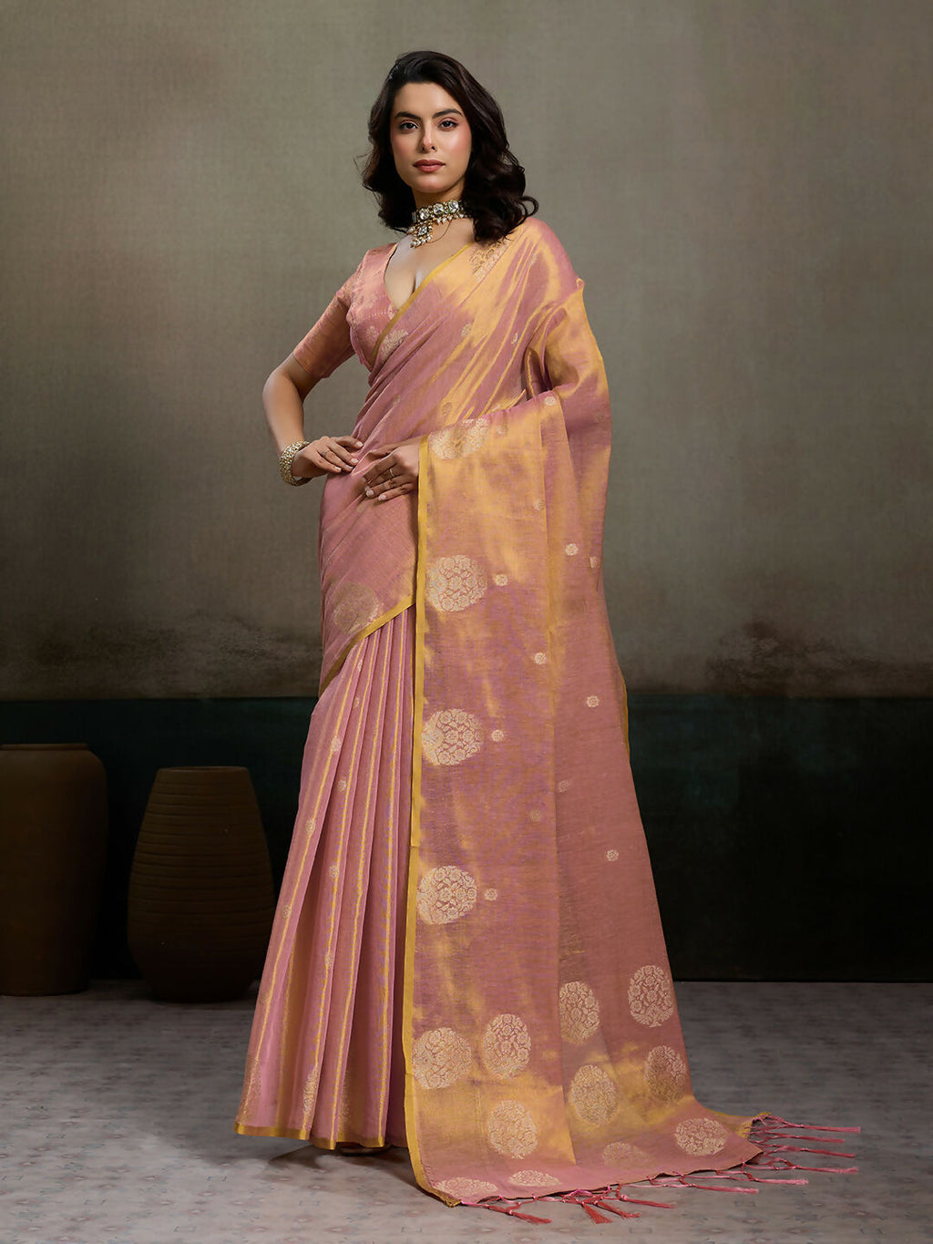 Shree Shyam Fashion Light Pink Tissue Silk Saree