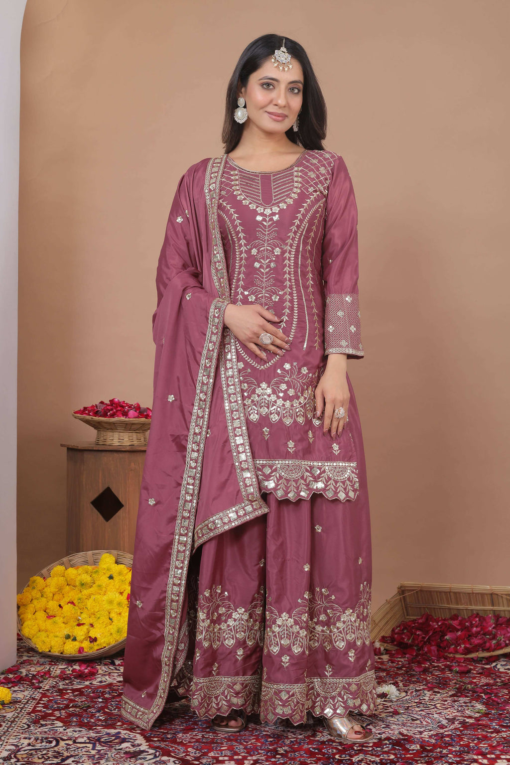Lehenga Mart Designer Sharara Suit With Kurta, Sharara, Dupatta For Women-Mauve