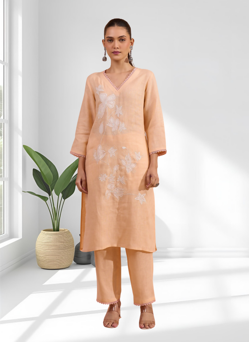 Joban Fashion Coral Linen Embroidered Readymade Long Kurta With Pant