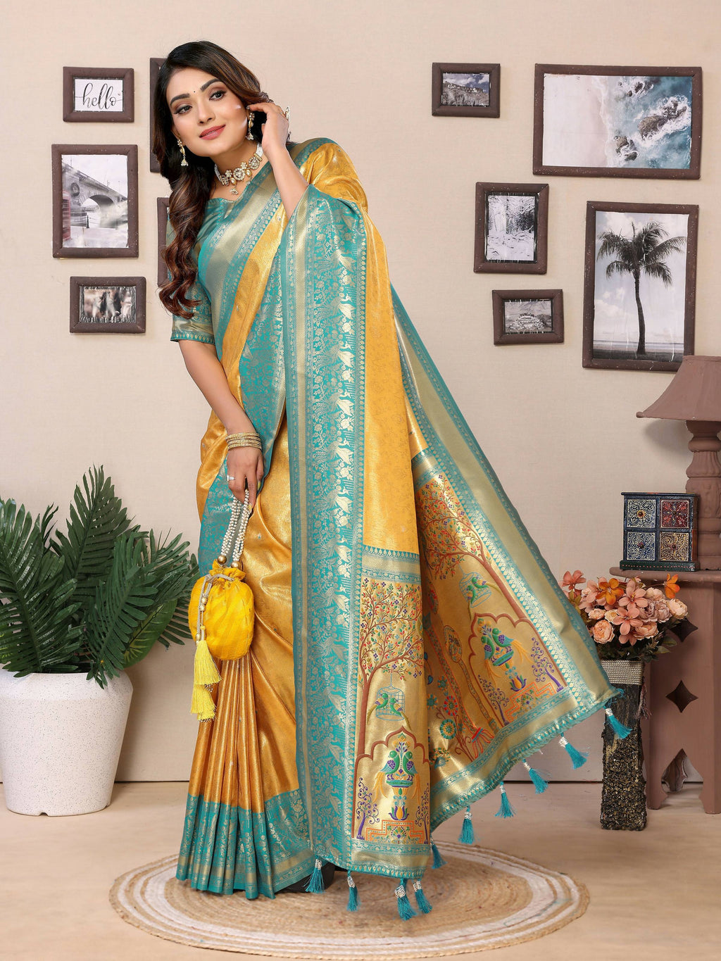 Aastha Fashion Yellow Tissue Silk Weaving Saree