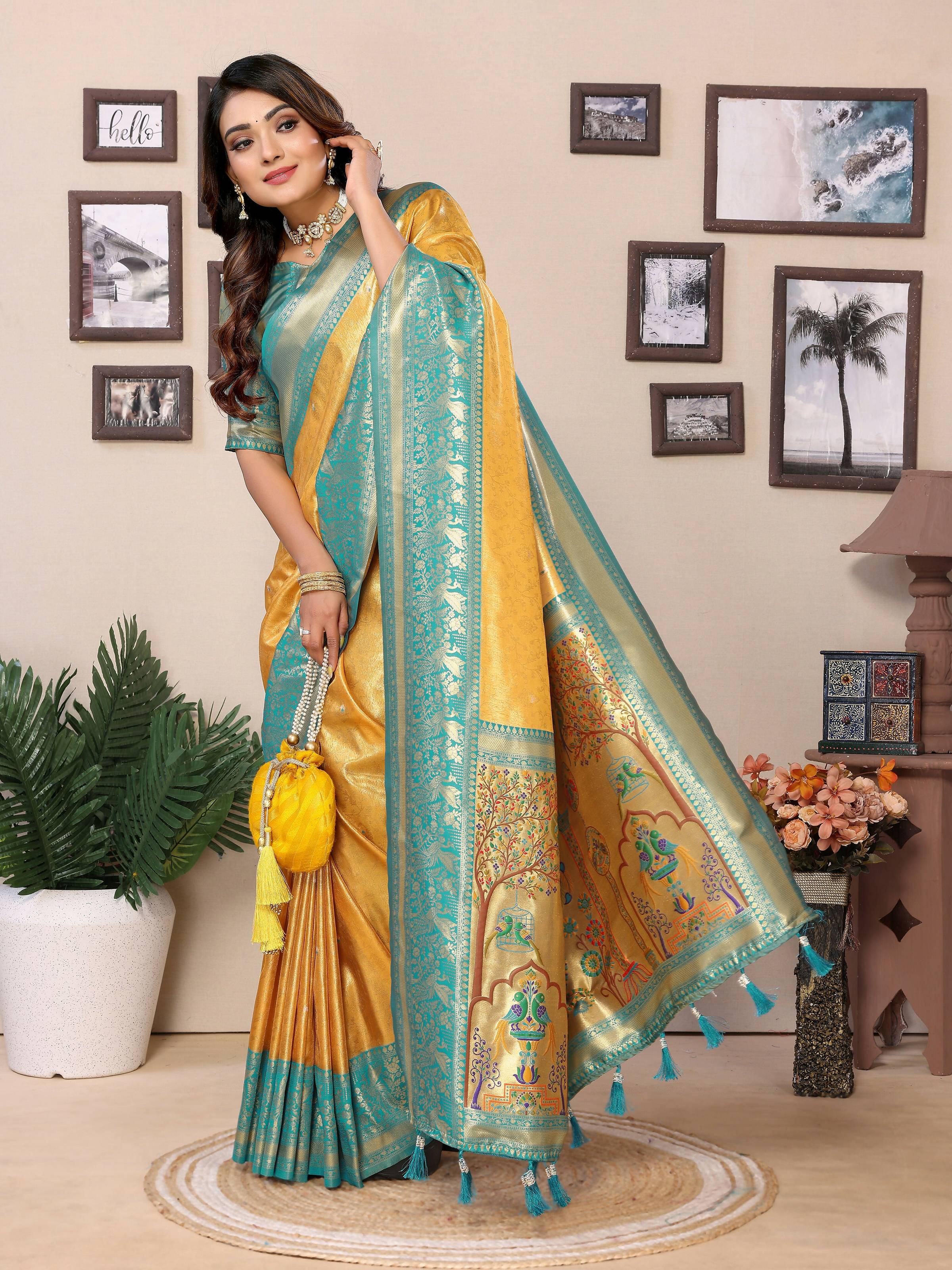 Aastha Fashion Yellow Tissue Silk Weaving Saree