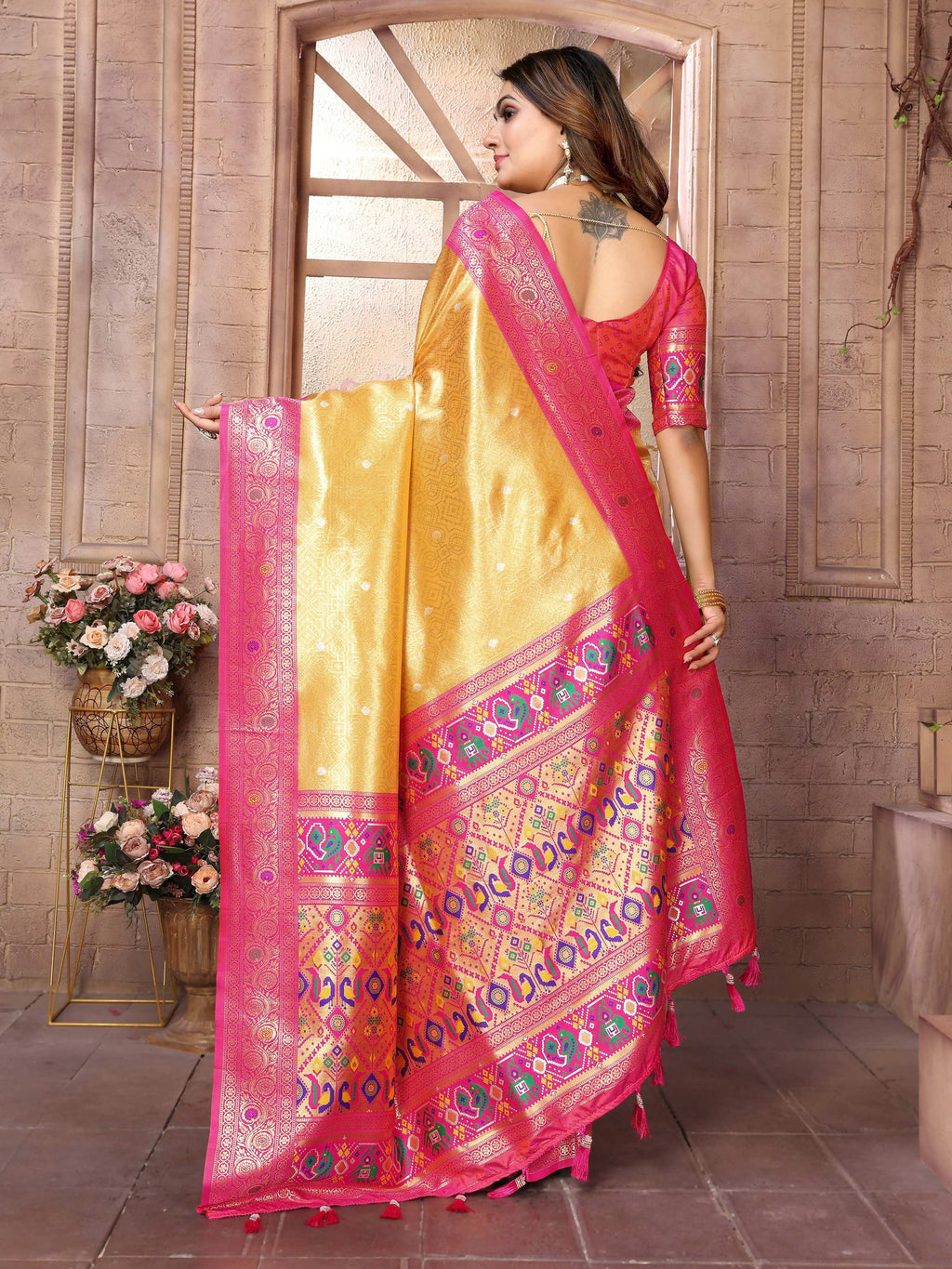 Aastha Fashion Yellow Banarasi Tissue Silk Weaving Saree