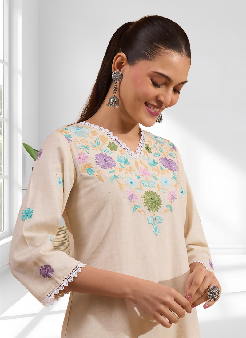 Joban Fashion Cream Linen Embroidered Readymade Cord Set