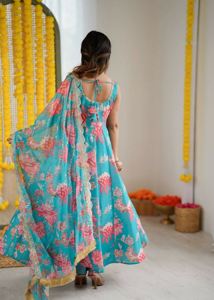 Teeya Creation Blue Pure Muslin Silk Digital Print Traditional Wear Long Gown