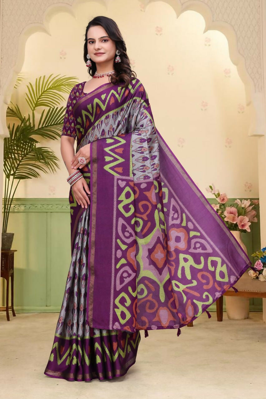Prime Volt Mal Cotton Purple Ethnic Printed Saree with Designer Blouse Piece