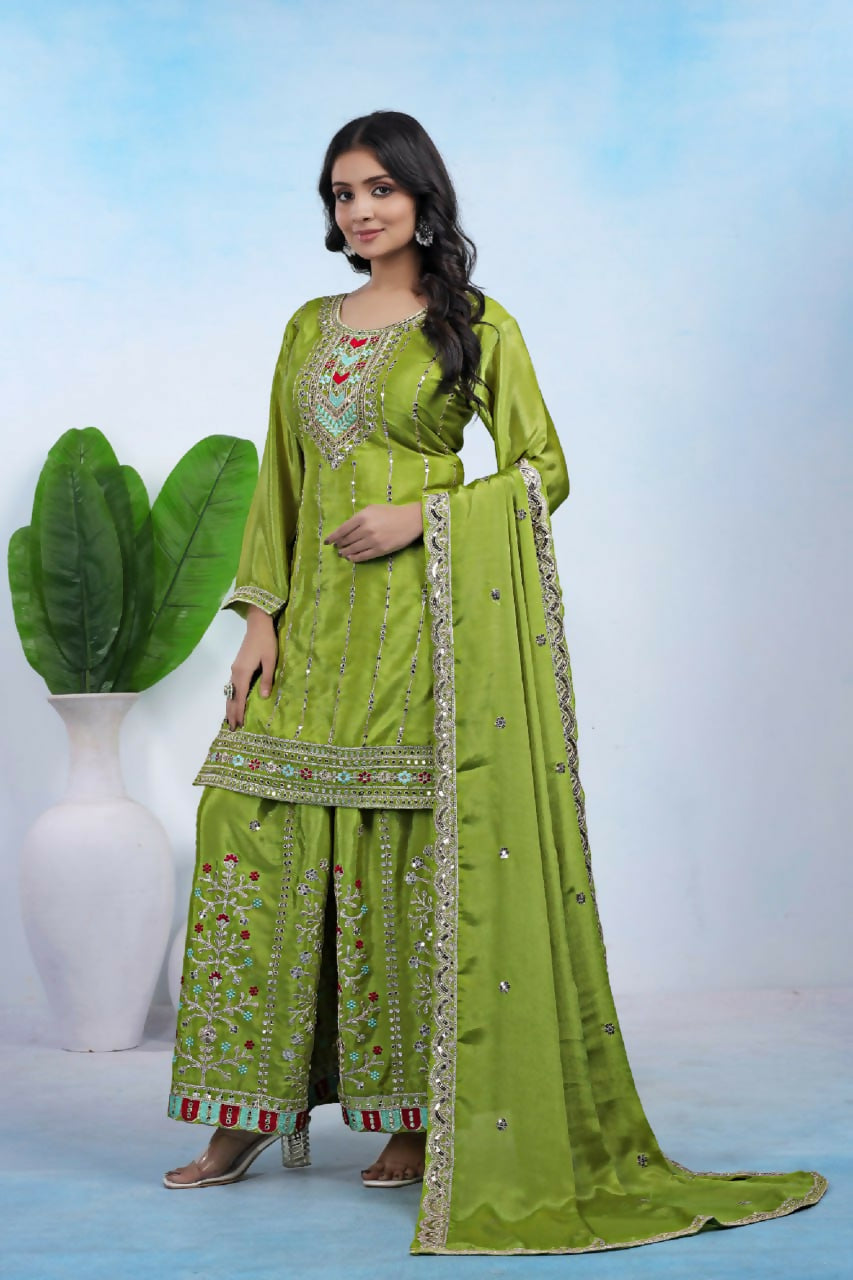 Joban Fashion Green Silk Embroidered Sharara Set