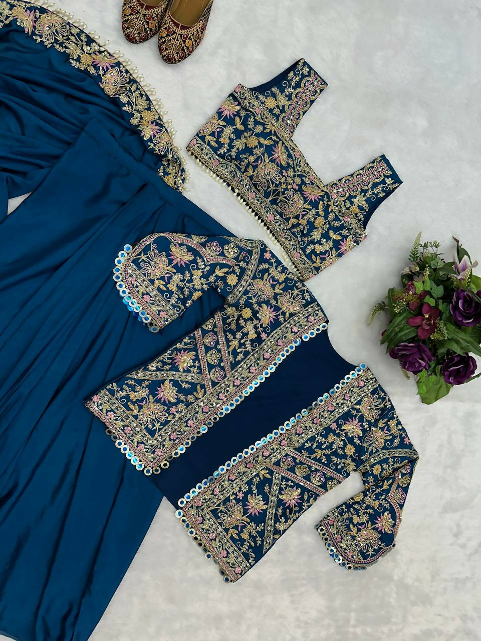Teeya Creation Teal Color Chinon Silk Embroidery Work Ready To Wear Party Wear Saree With Koti