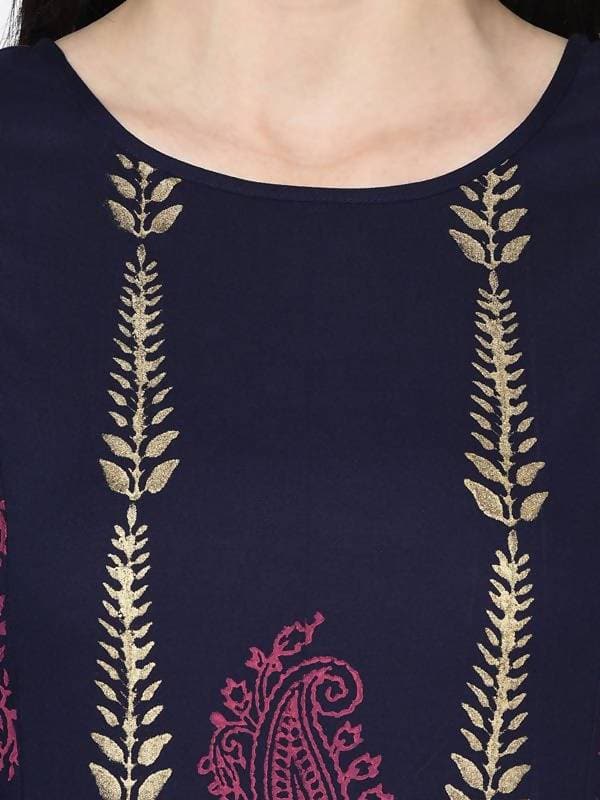 Aniyah Rayon Navy Blue Color Block Print A-line Flared Long Kurta Palazzo Set with Two Front Slits (AN-214K)