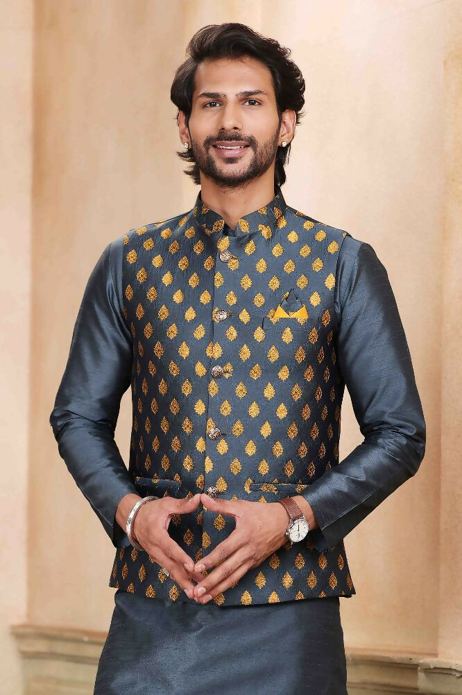Raivat Ethnic Jacquard Banarasi Silk Woven Work 3 Pics Jacket Set In Dark Grey Colour