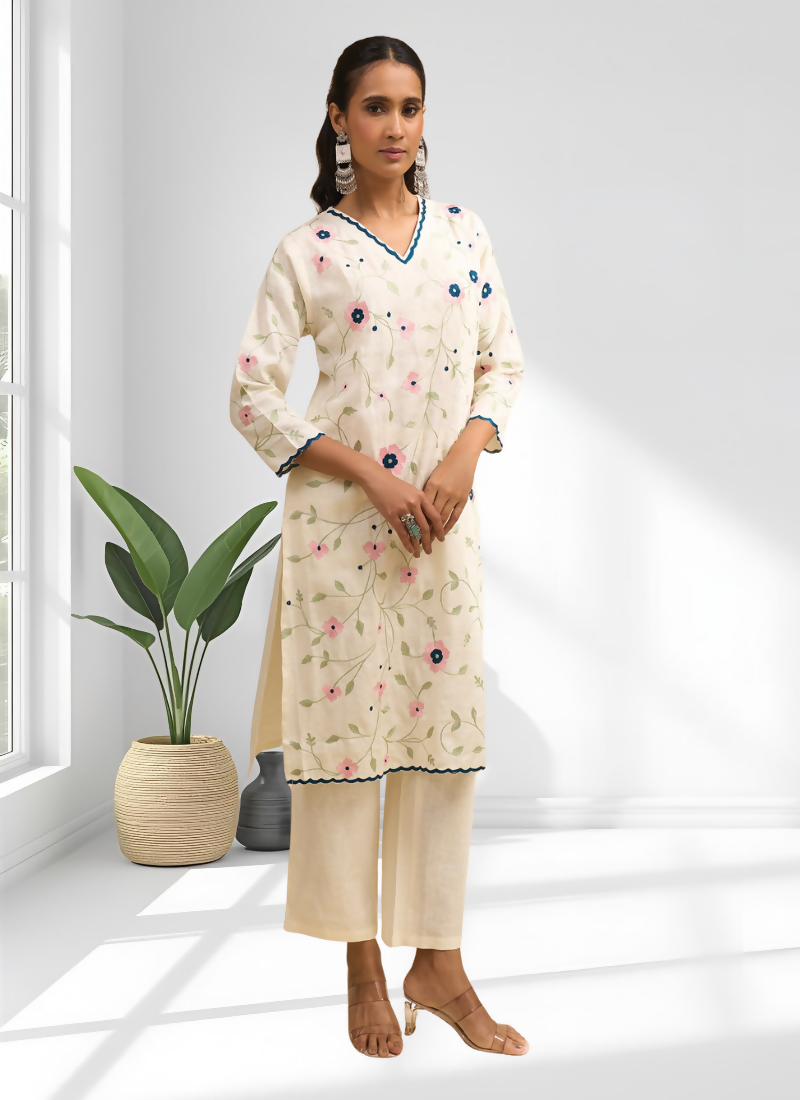 Joban Fashion Cream Linen Embroidered Readymade Long Kurta With Pant