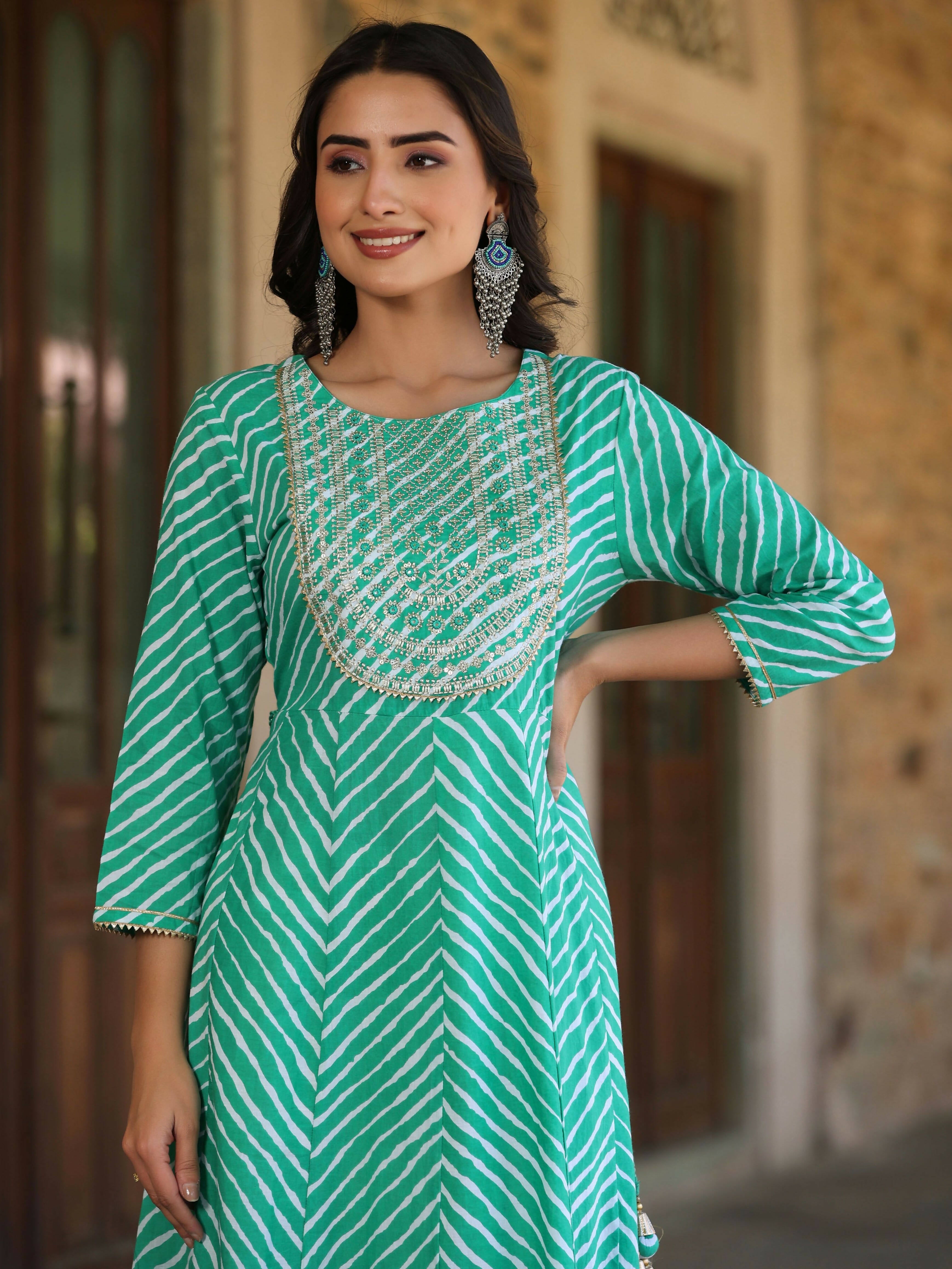 Juniper Women's Green Printed Embroidered Mirror Work Sequin Cotton Flared Dress
