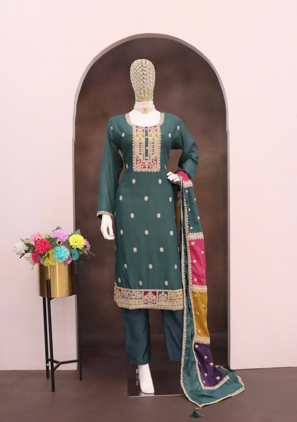 Teeya Creation Green Color Chinon Silk Embroidery Work Wedding Wear Designer Salwar Suit