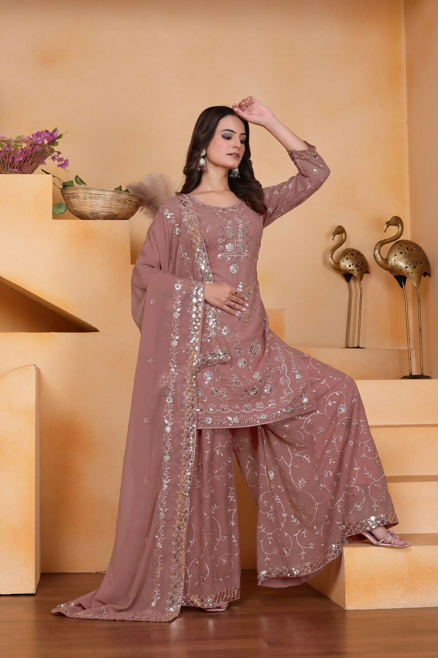 Teeya Creation Onion Color Faux Georgette Embroidery Work Wedding Wear Palazzo Set
