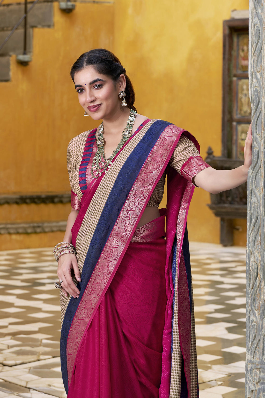 Vastranavya Pink Printed with Zari Weaving Work Poly Cotton Saree & Unstitched Blouse