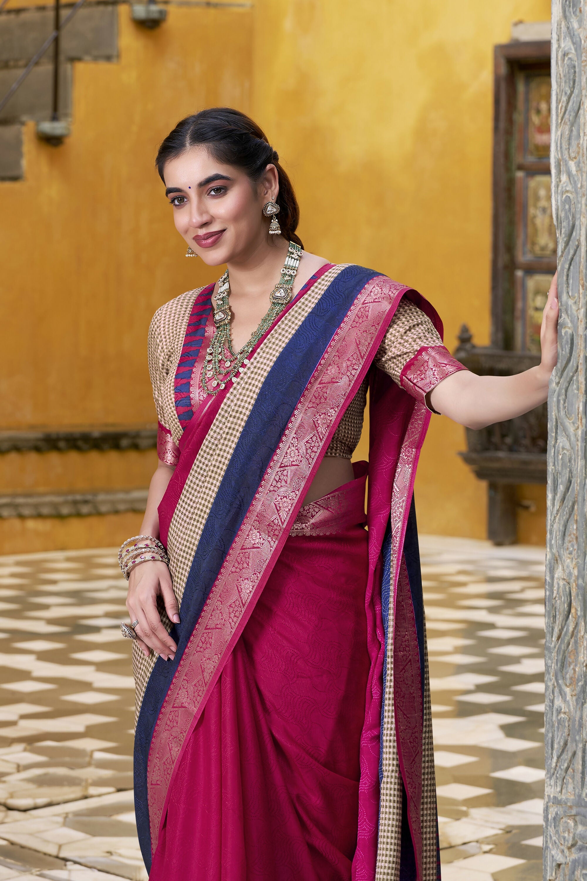 Vastranavya Pink Printed with Zari Weaving Work Poly Cotton Saree & Unstitched Blouse