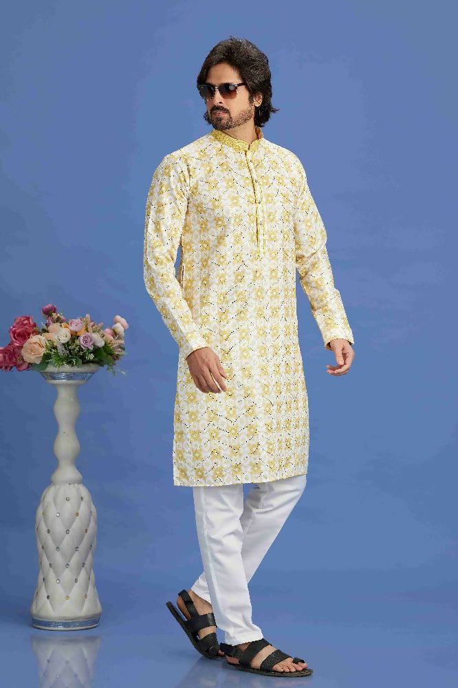 Raivat Ethnic Cotton Embroidery Kurta Pajama In Yellow Colour