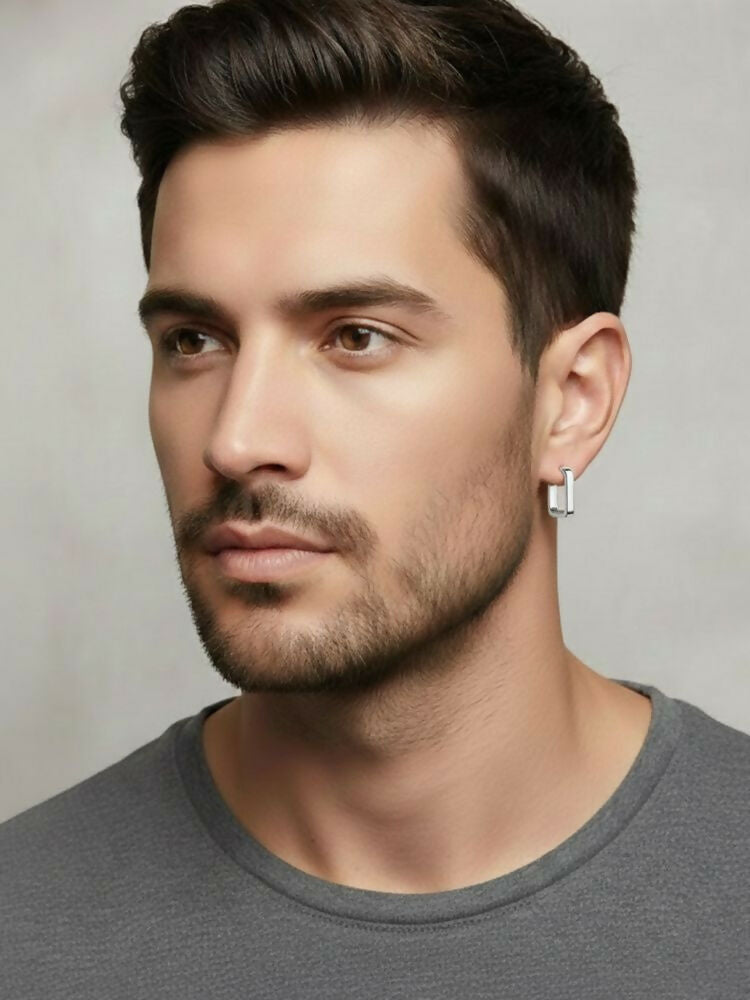 NVR Men's Silver Plated Geomatric Shaped Hoop Earrings
