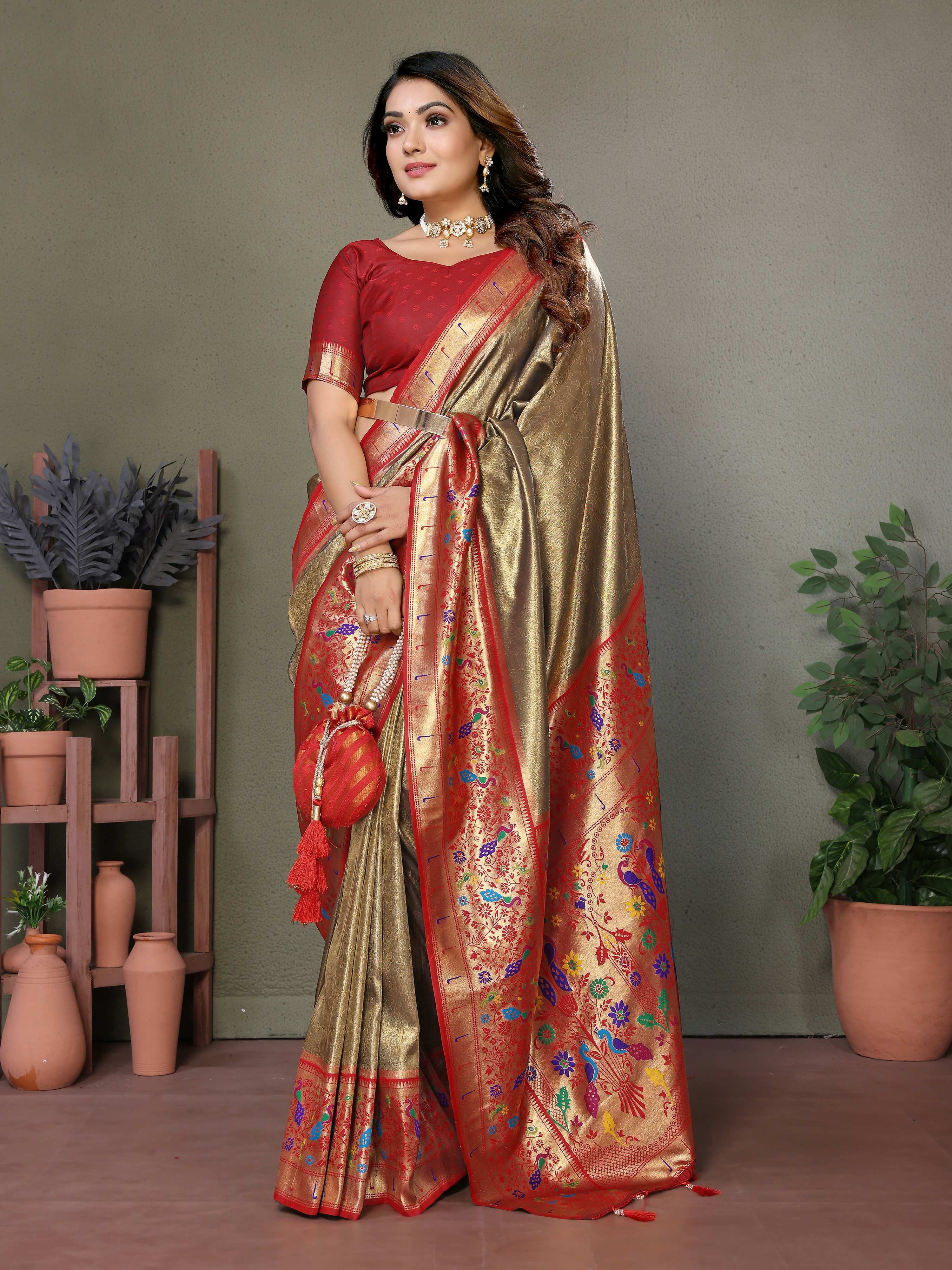 Aastha Fashion Gold Tissue Silk Paithani Woven Saree