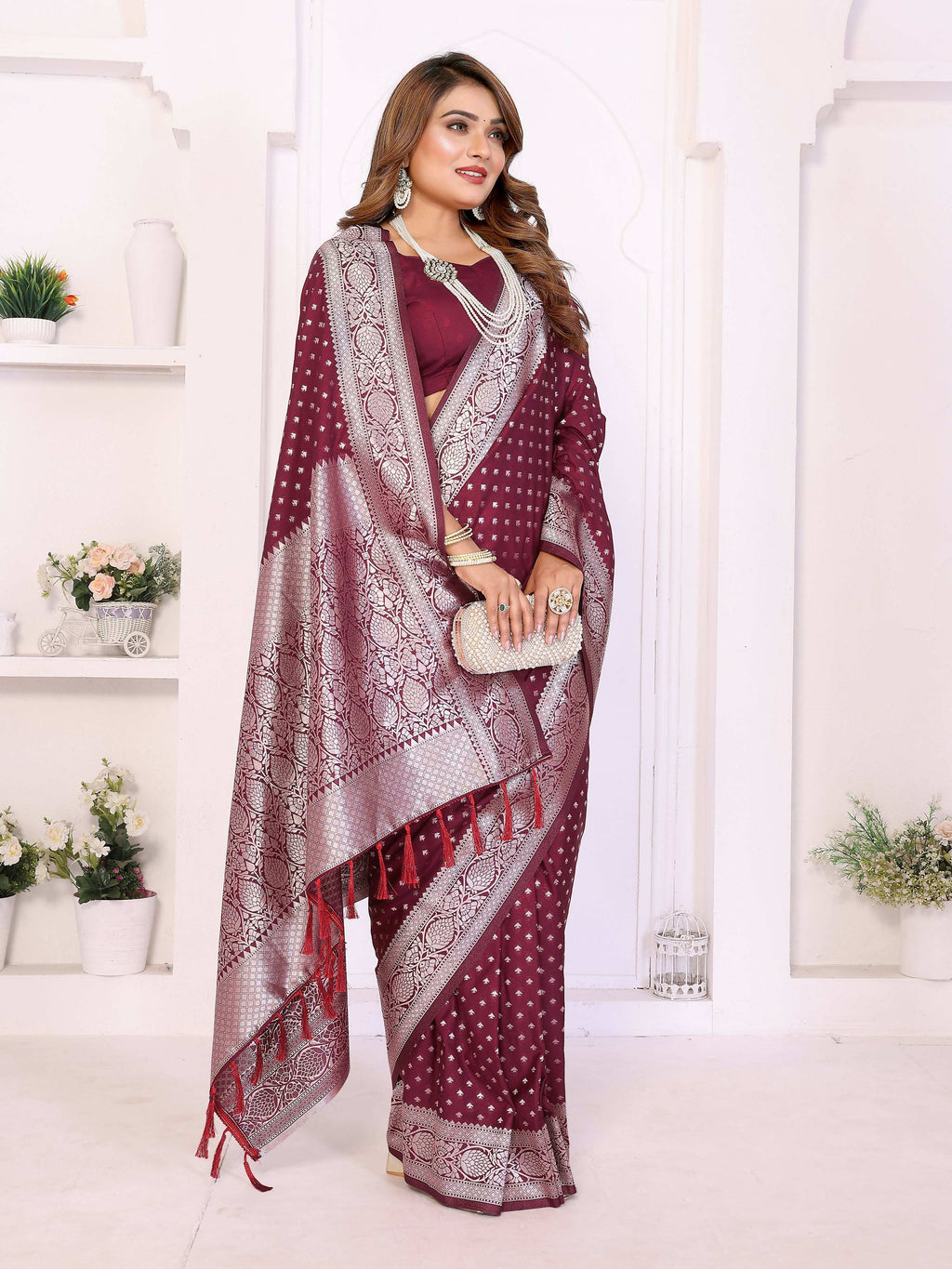 Aastha Fashion Wine Georgette Silk Zari Weaving Saree