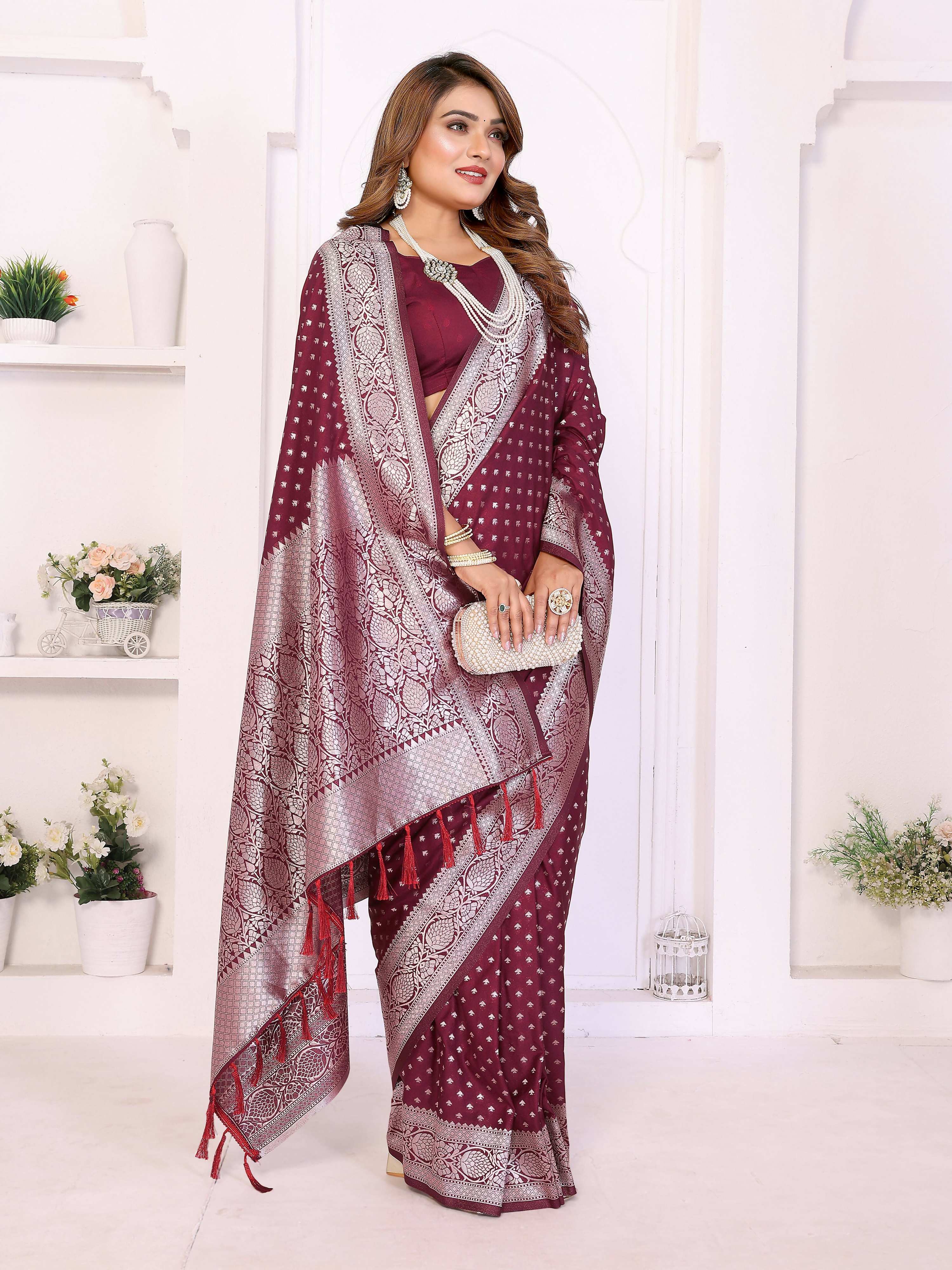 Aastha Fashion Wine Georgette Silk Zari Weaving Saree