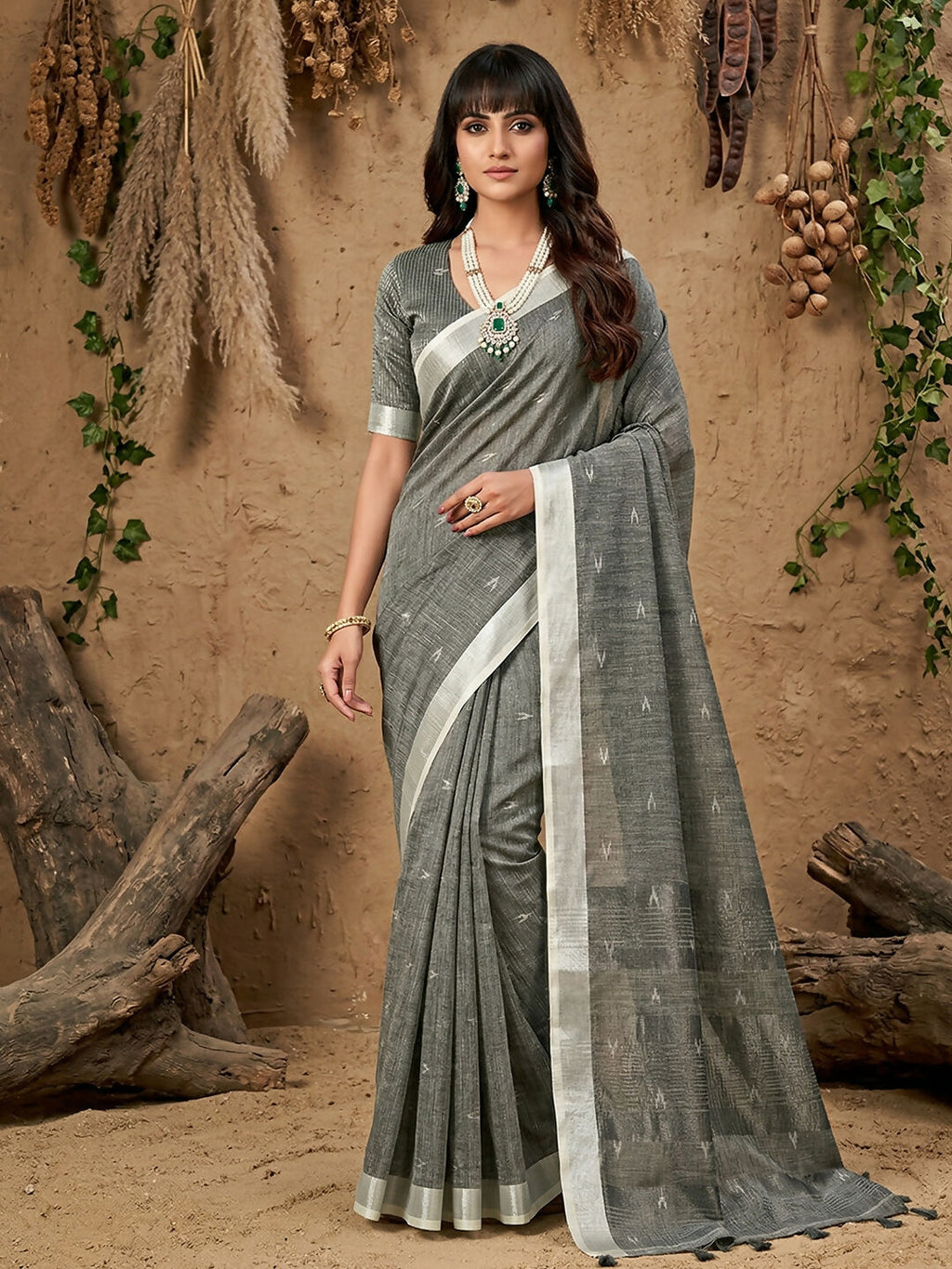 Shree Shyam Fashion Gray Linen Cotton Saree