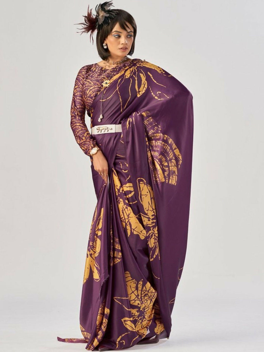 Vastranavya Wine Satin Silk Elegant Printed Saree with Unstitched Blouse