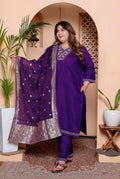 Miravan Women's Plus Size Purple Muslin Straight kurta and palazzo with dupatta Suit set