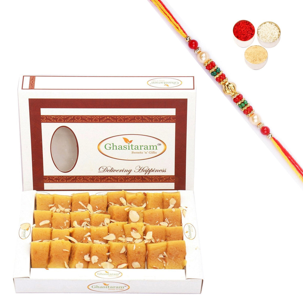 Ghasitaram Soft Mysore pak With Pearl Beads Rakhi