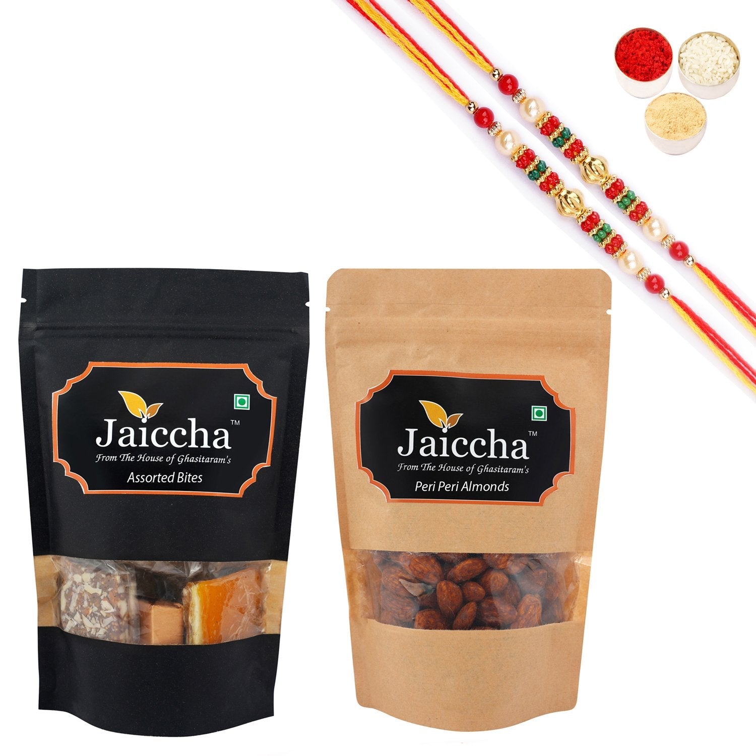 Ghasitaram Assorted Bites, Peri Peri Almonds With 2 Pearl Beads Rakhis