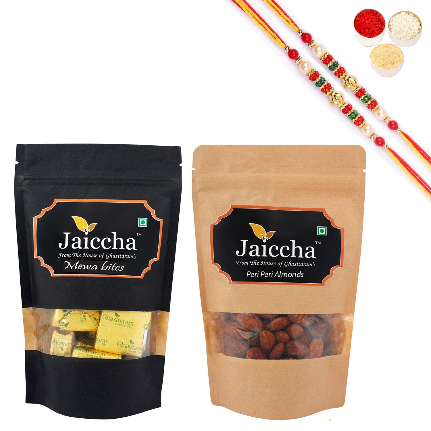 Ghasitaram Mewa Bites, Peri Peri Almonds With 2 Pearl Beads Rakhis