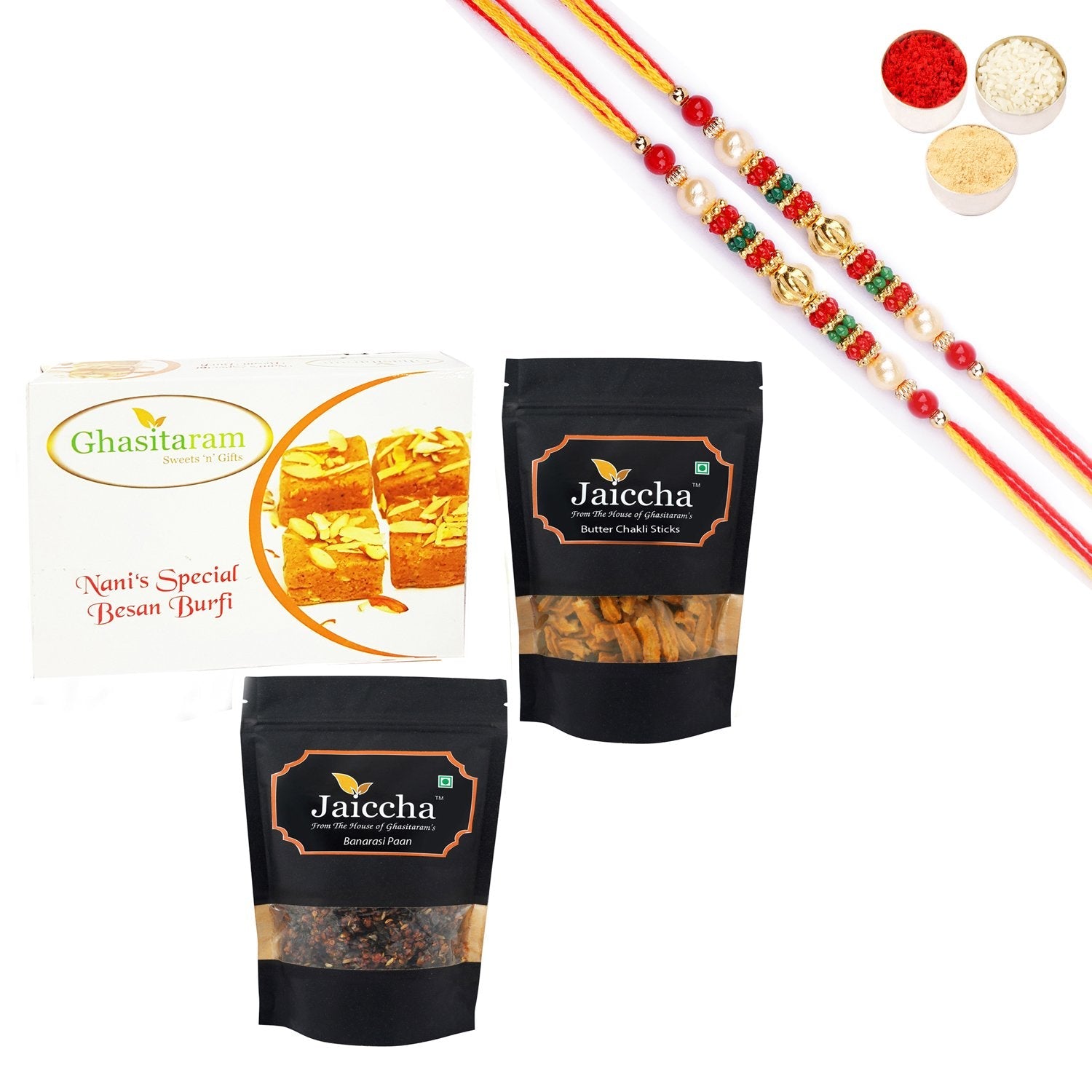 Ghasitaram Besan Barfi,Butter Chakli Sticks and Banarsi Paan With Pearl Beads Rakhi