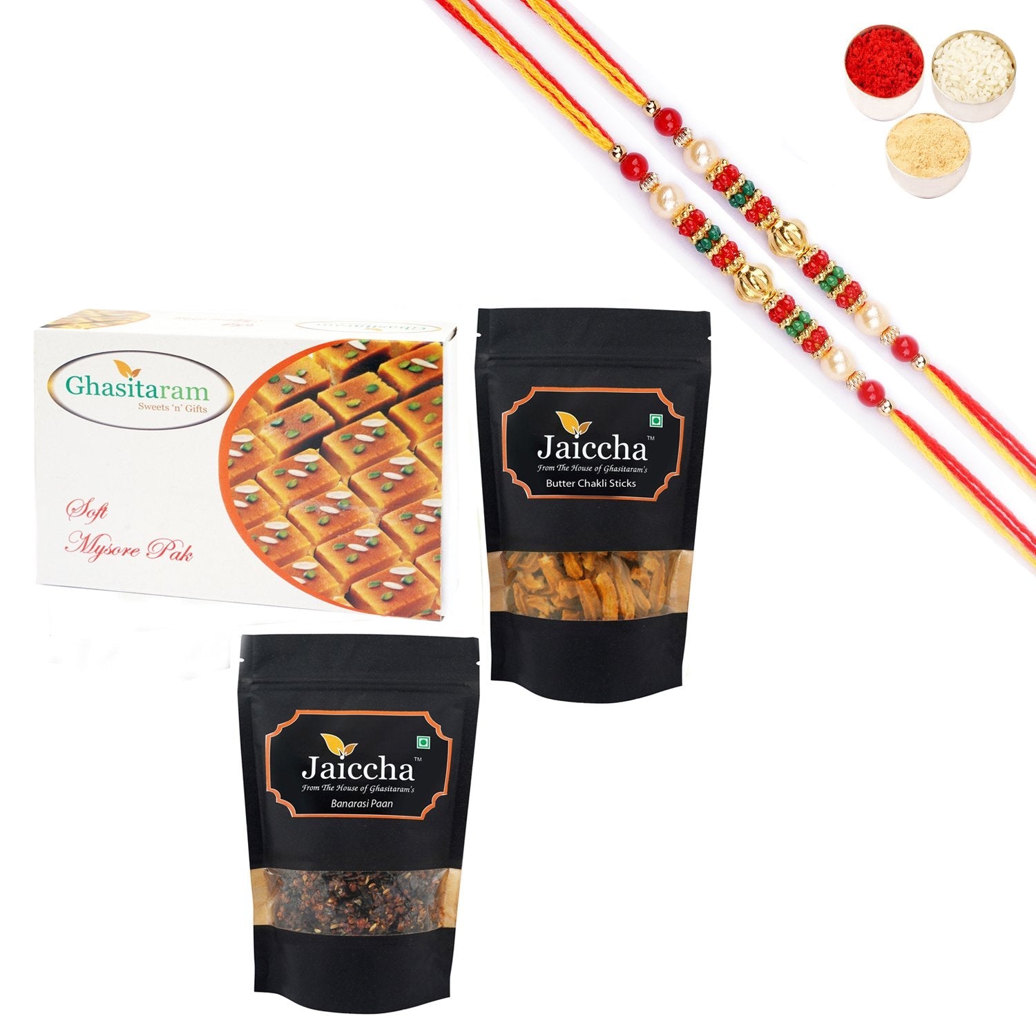 Ghasitaram Mysore Pak,Butter Chakli Sticks and Banarsi Paan With Pearl Beads Rakhi
