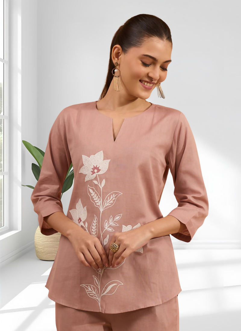 Joban Fashion Pink Cotton, Linen Embroidered Readymade Cord Set