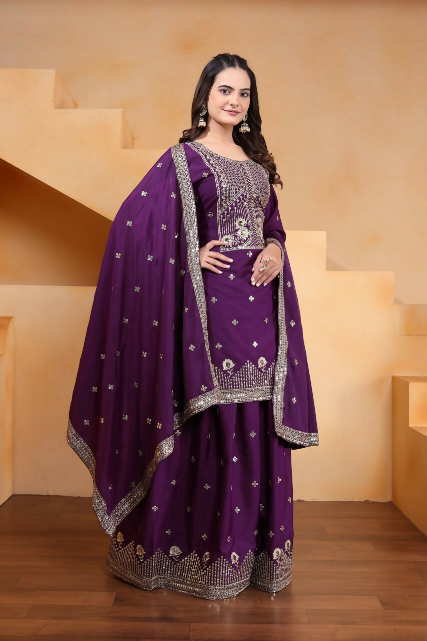 Teeya Creation Wine Color Natural Crepe Silk Wedding Wear Trending Palazzo Set