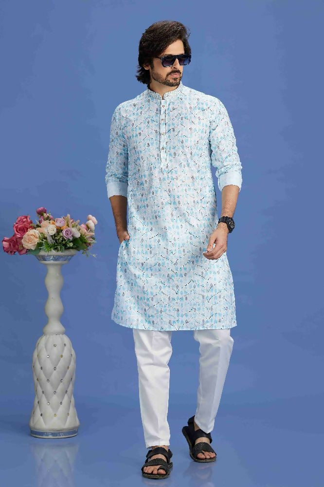 Raivat Ethnic Cotton Embroidery Kurta Pajama In Sky Blue Colour
