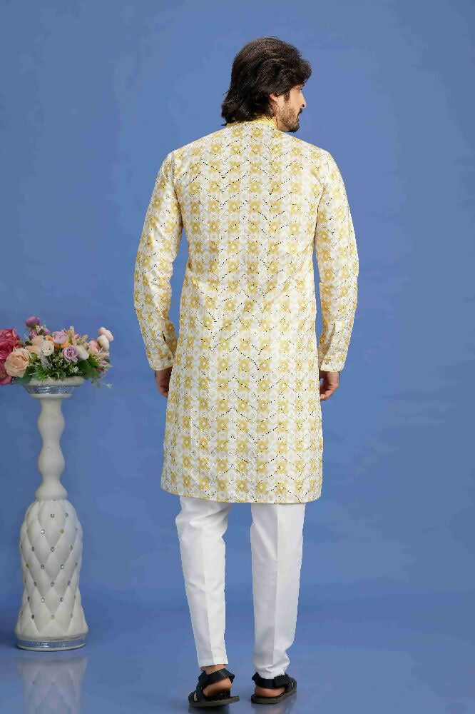 Raivat Ethnic Cotton Embroidery Kurta Pajama In Yellow Colour