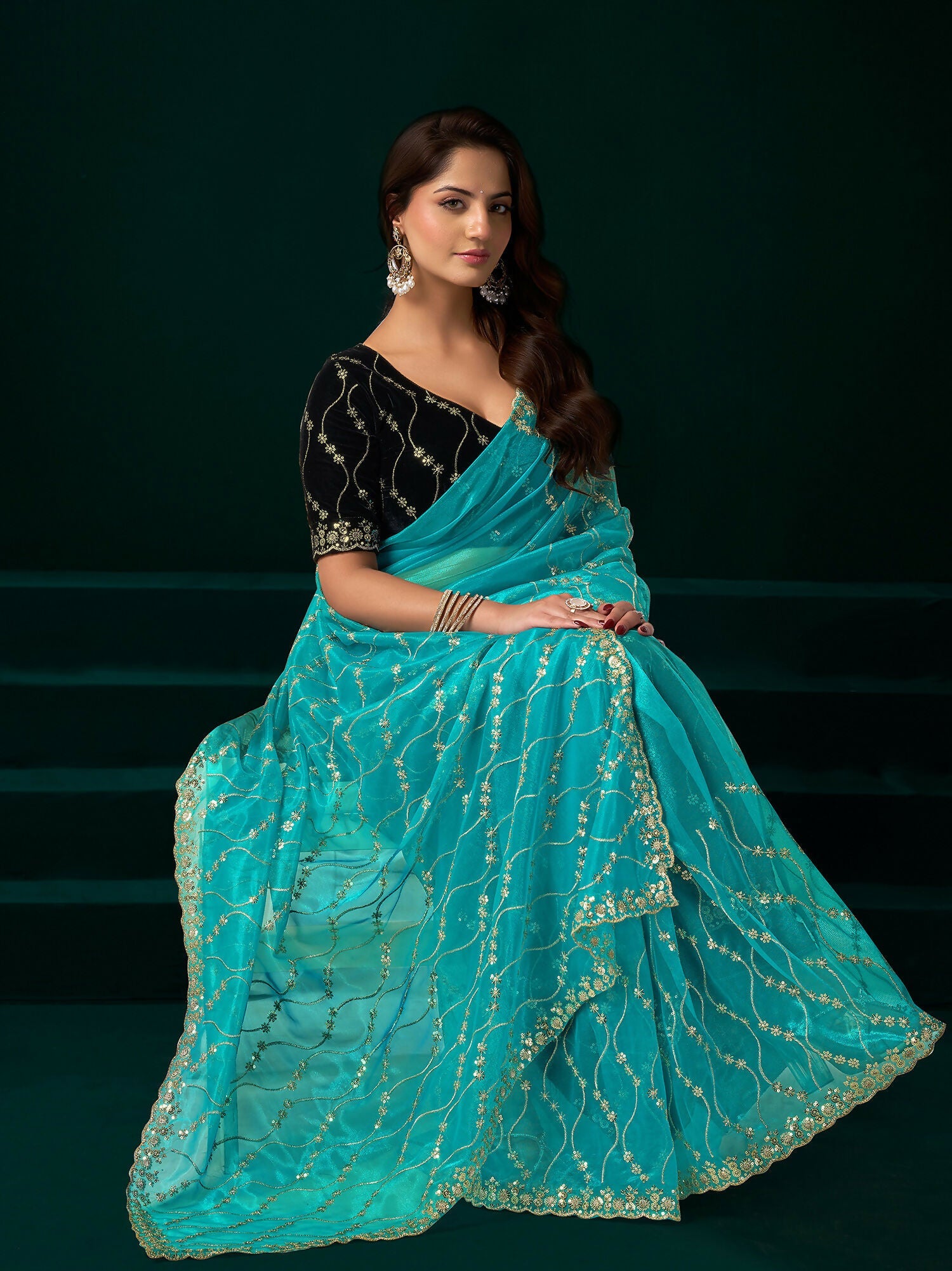 Joban Fashion Turquoise Net Party Wear Sarees