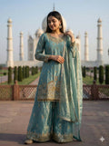 Teeya Creation Teal Fendy Silk Heavy Embroidery Work Party Wear Palazzo Suit