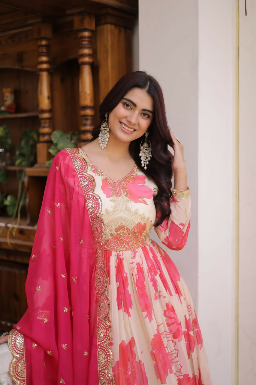 Teeya Creation Womens New Trending Digital Printed Russian Silk With Embroidery Zari Sequins-Work Gown Set