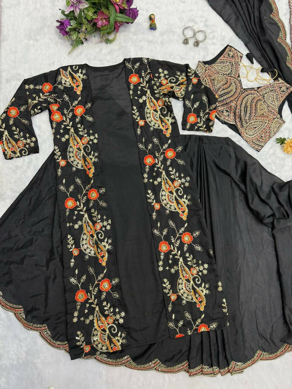 Teeya Creation Black Color Chinon Silk Designer Embroidery Work Ready To Wear Saree With Koti