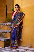 Vastranavya Blue Viscose Chanderi Kalamkari Print with Zari Working Saree & Unstitched Blouse
