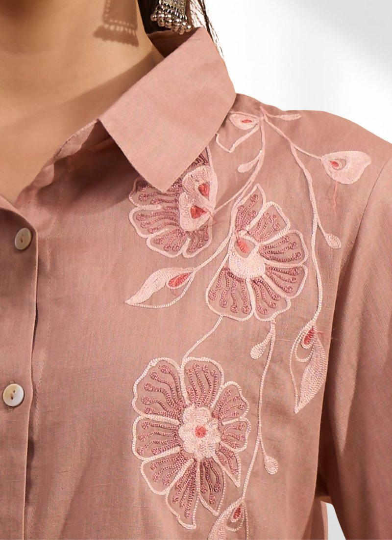 Joban Fashion Powder Pink Cotton, Linen Embroidered Readymade Cord Set
