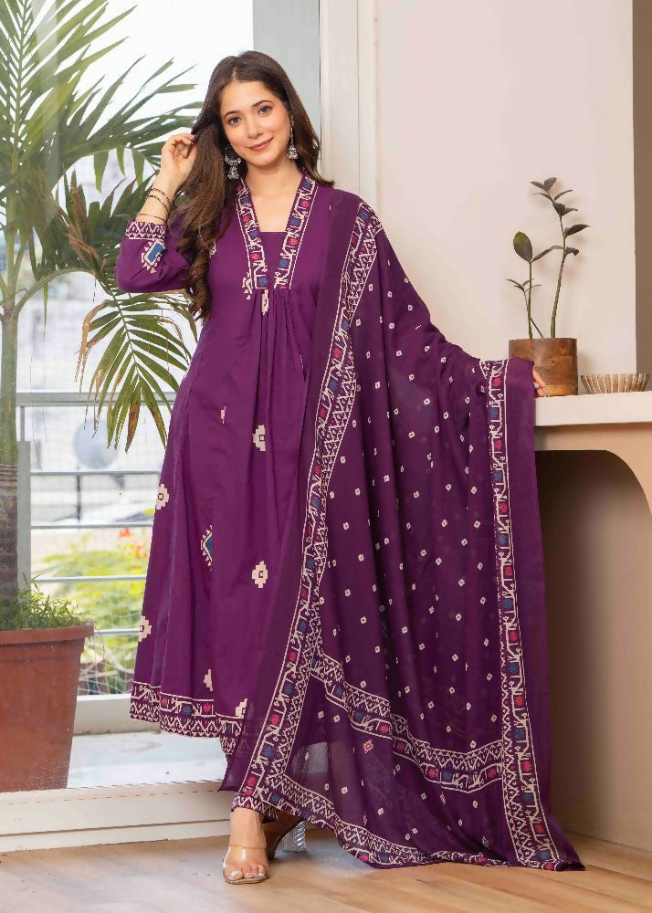 Jaimini Women Cotton Printed V-Neck 3/4 Sleeves Calf Length Flared Kurta Pant And Dupatta Set