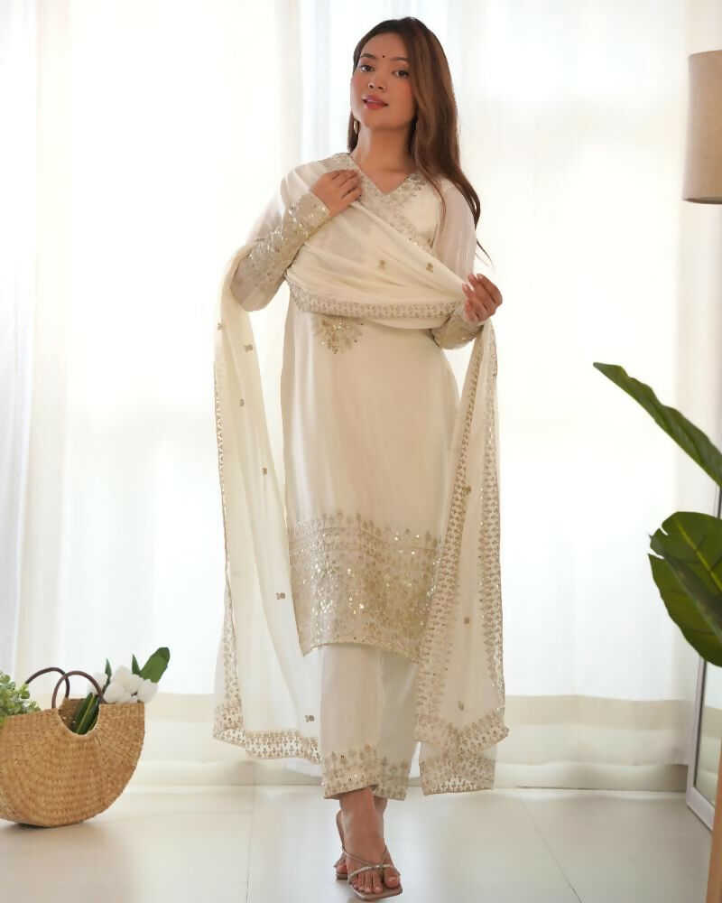 Lehenga Mart Designer Salwar Suit With Kurta, Pant, Dupatta For Women-White