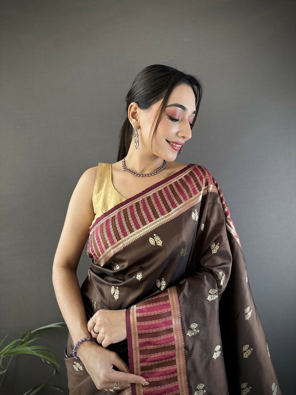 Joban Fashion Brown Woven Zari Motifs Lichi Silk Banarasi Silk Saree