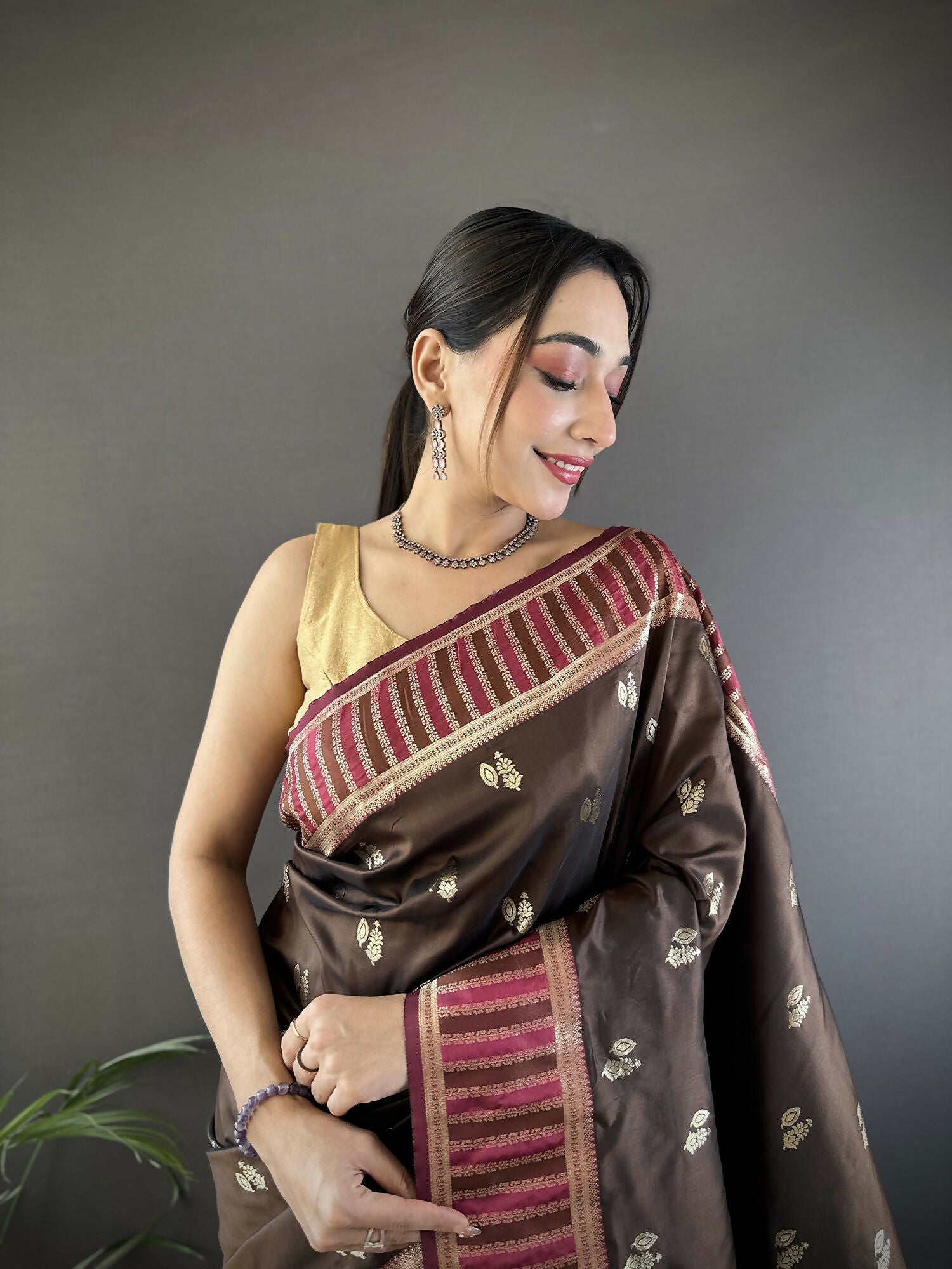 Joban Fashion Brown Woven Zari Motifs Lichi Silk Banarasi Silk Saree